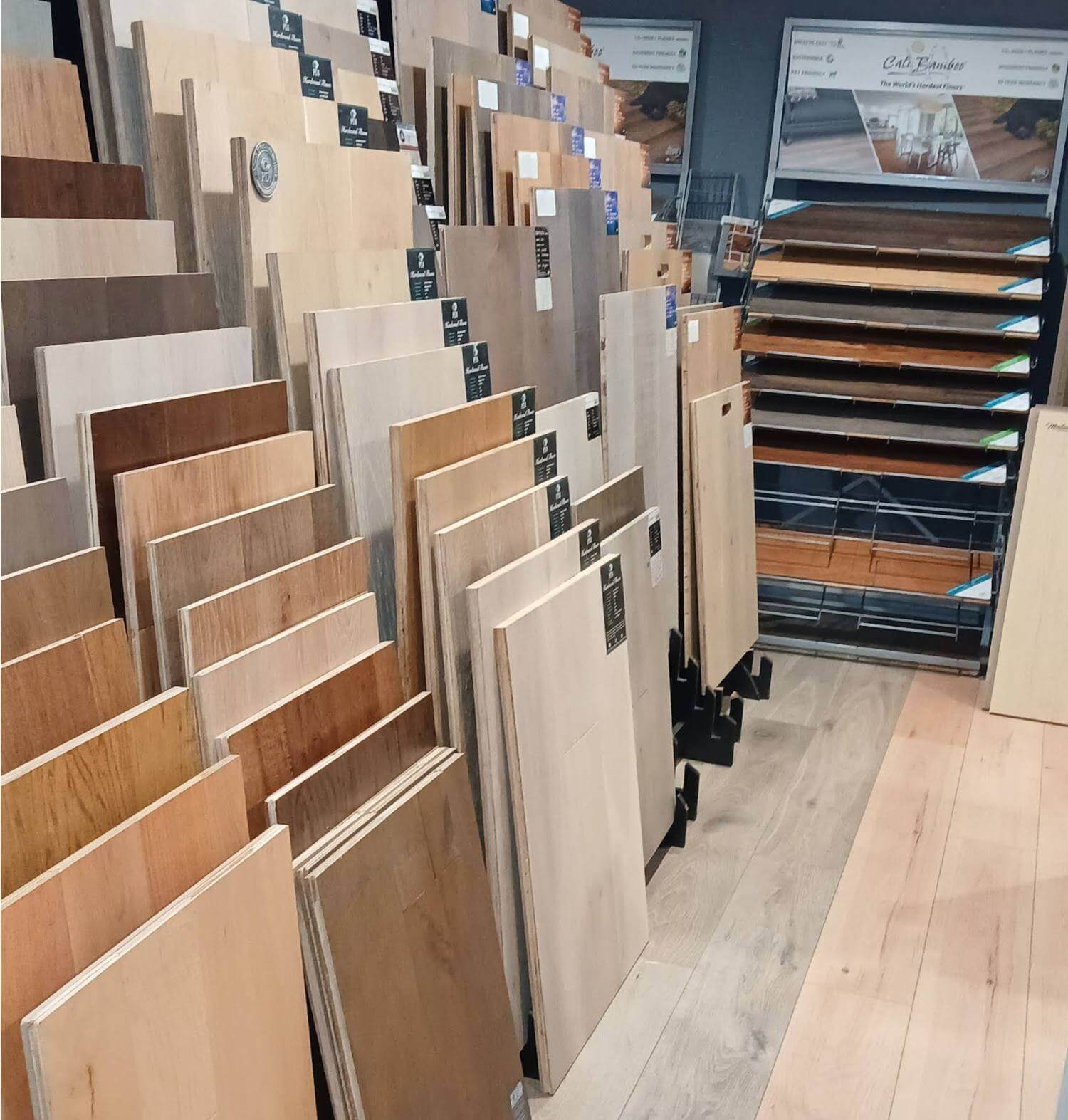 Shelf of an assortment of hardwood floor samples